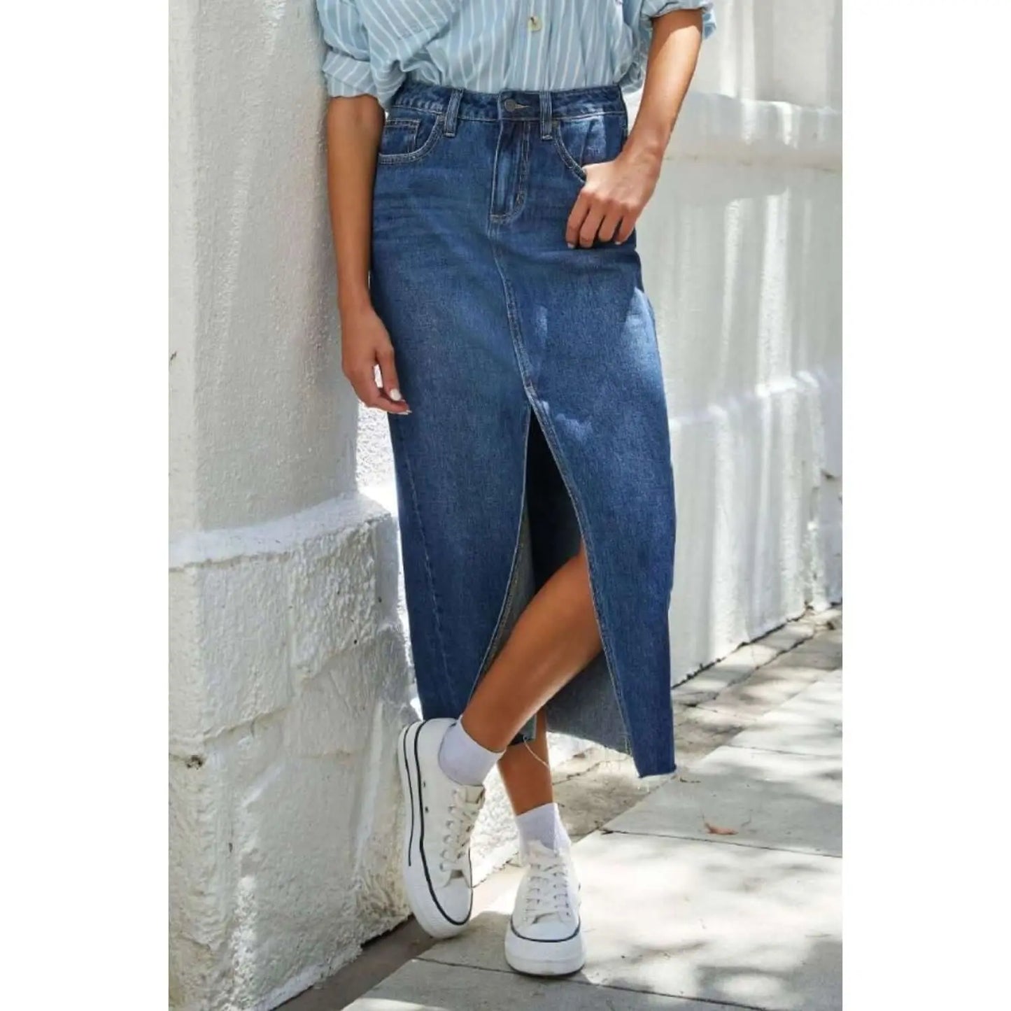 Slit Raw Hem Midi Denim Skirt Taydiane