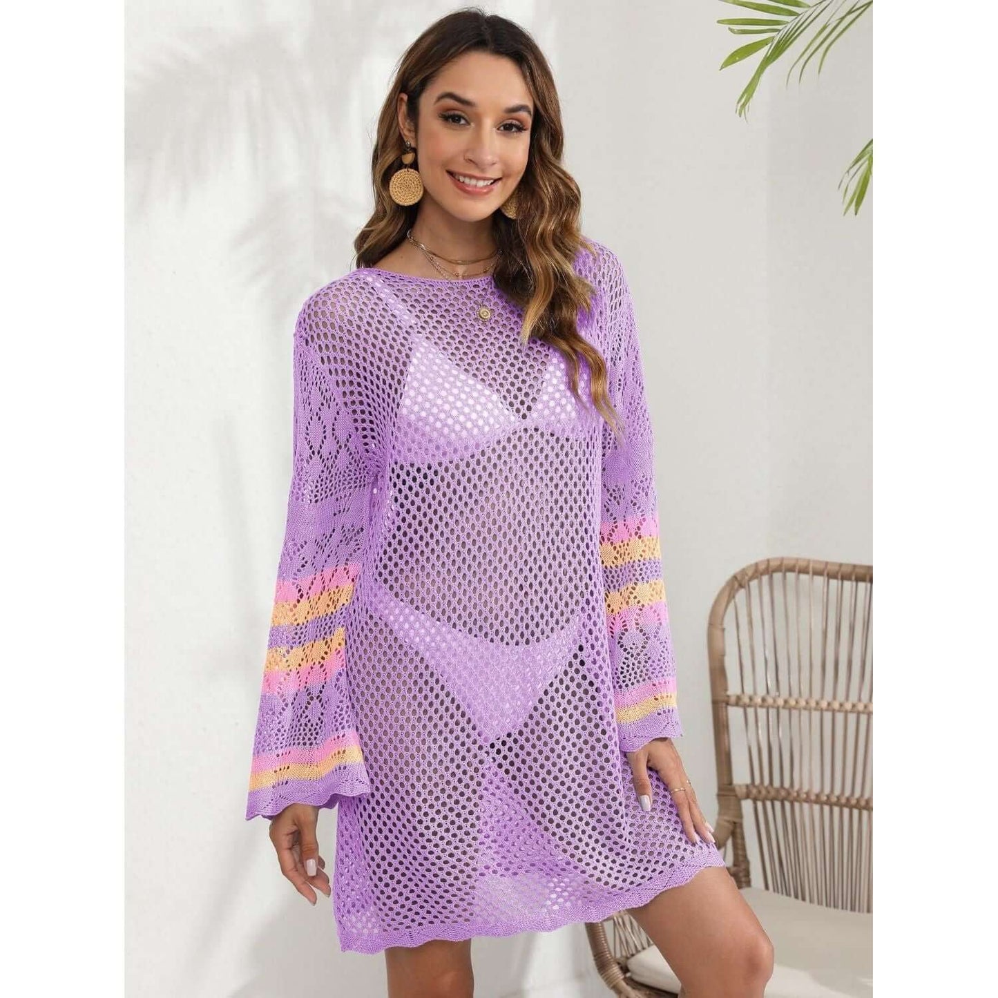 Vestido playero de manga larga con contraste calado