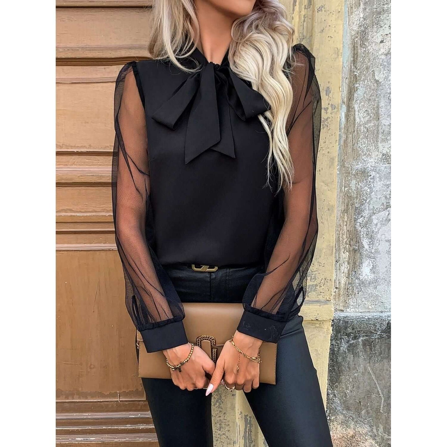 Tie Neck Long Sleeve Blouse Taydiane