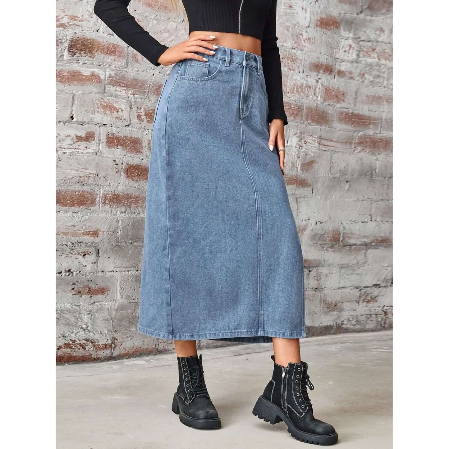 Slit High Waist Denim Skirt with Pockets Taydiane