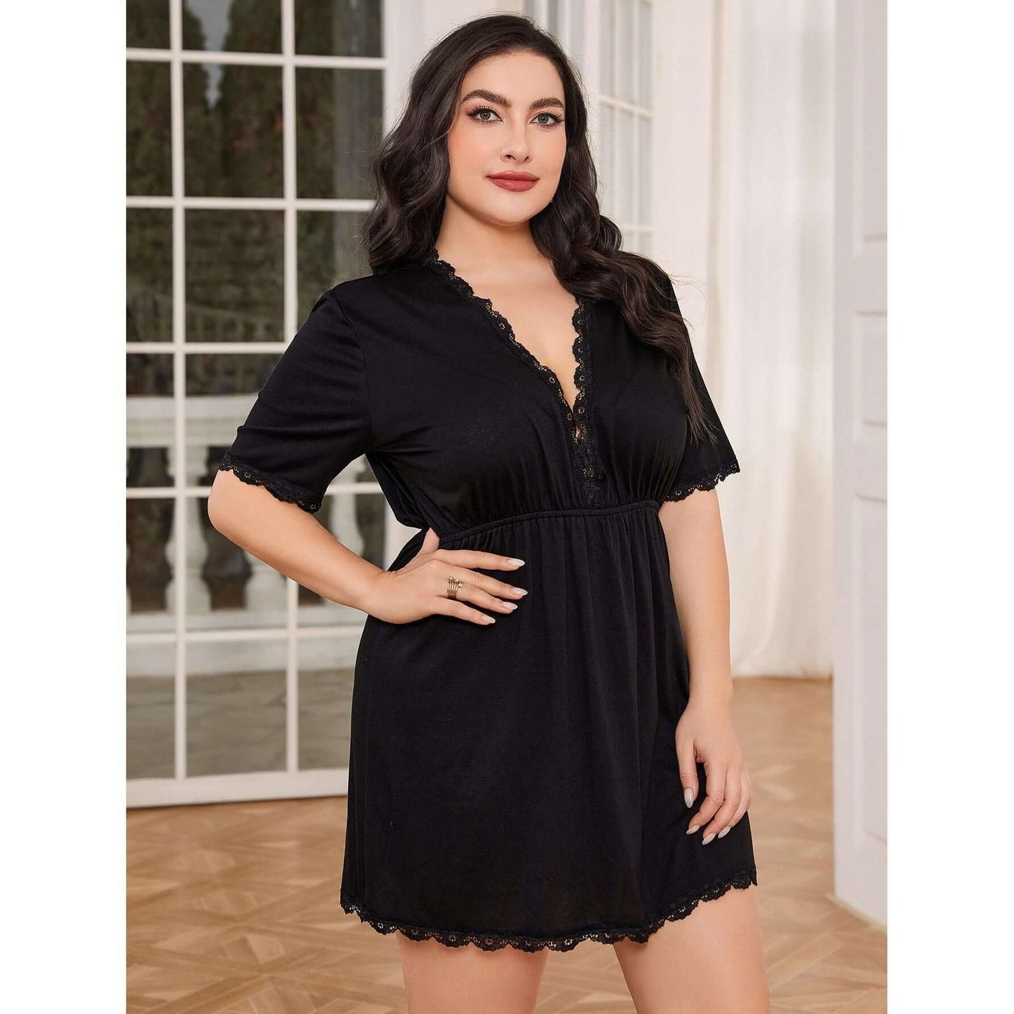 Lace Trim Deep V Night Dress Taydiane