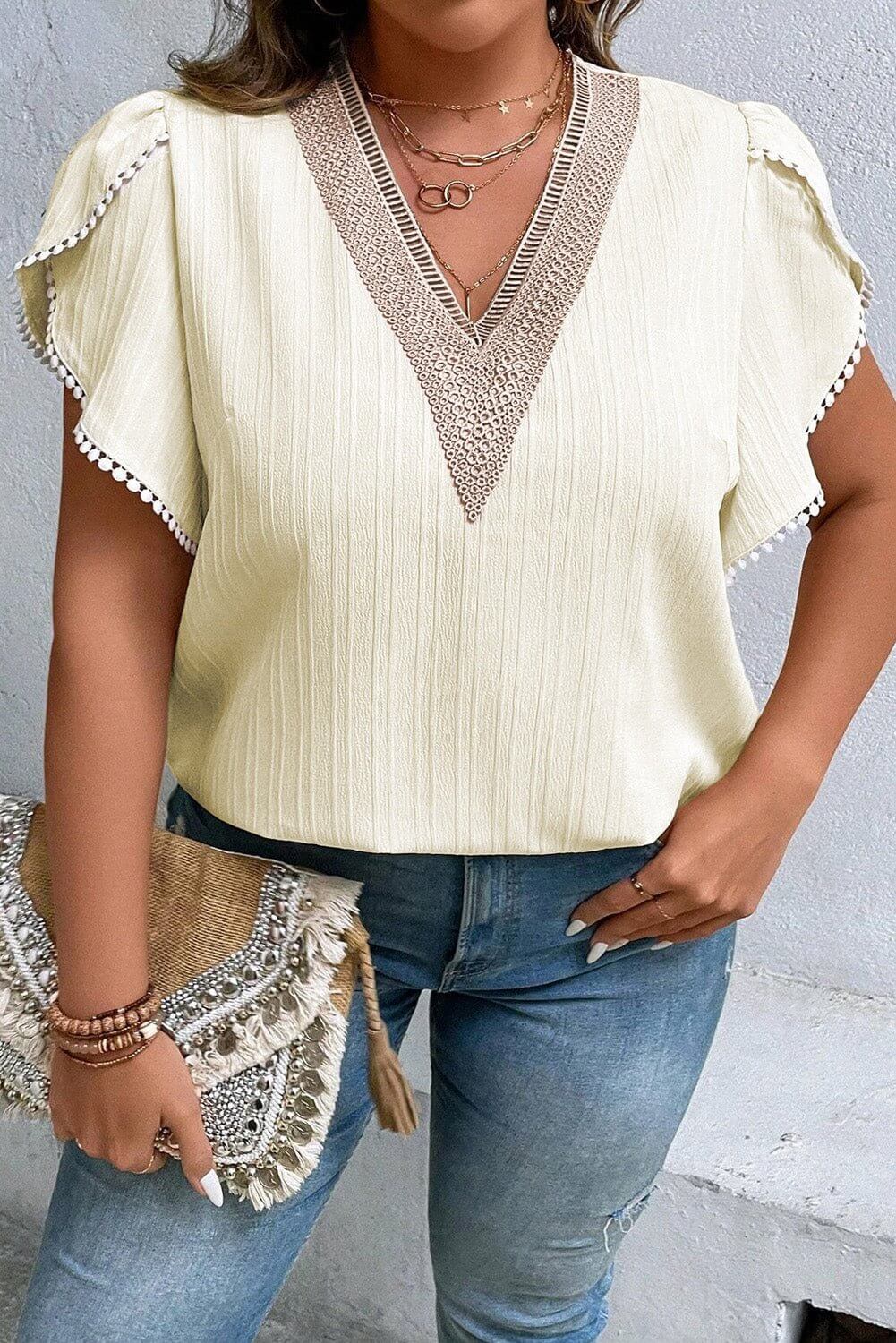 V-Neck Petal Sleeve Blouse