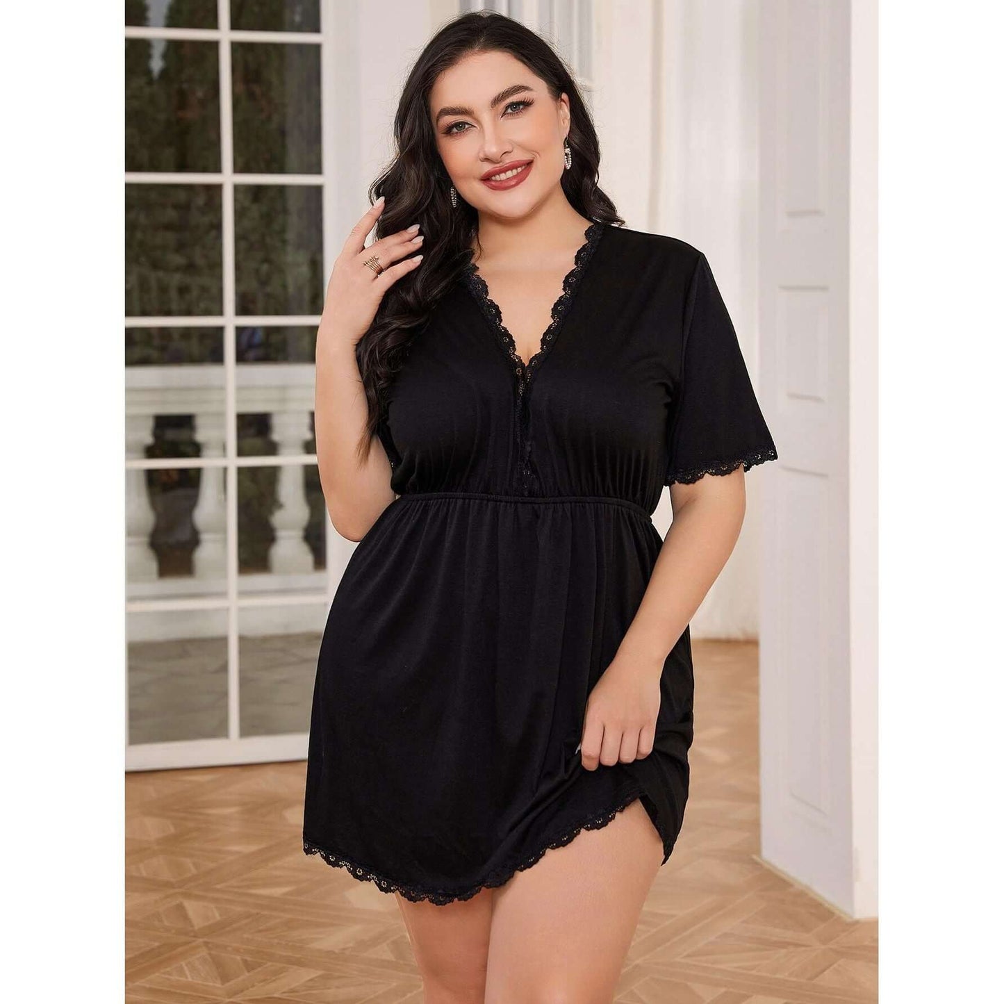 Lace Trim Deep V Night Dress Taydiane