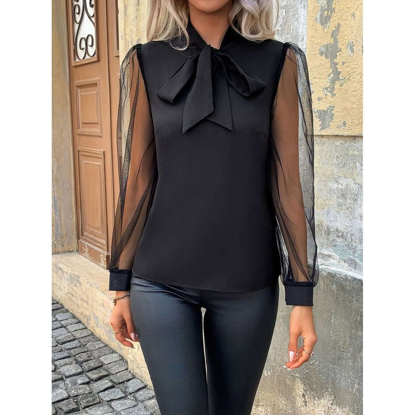 Tie Neck Long Sleeve Blouse Taydiane