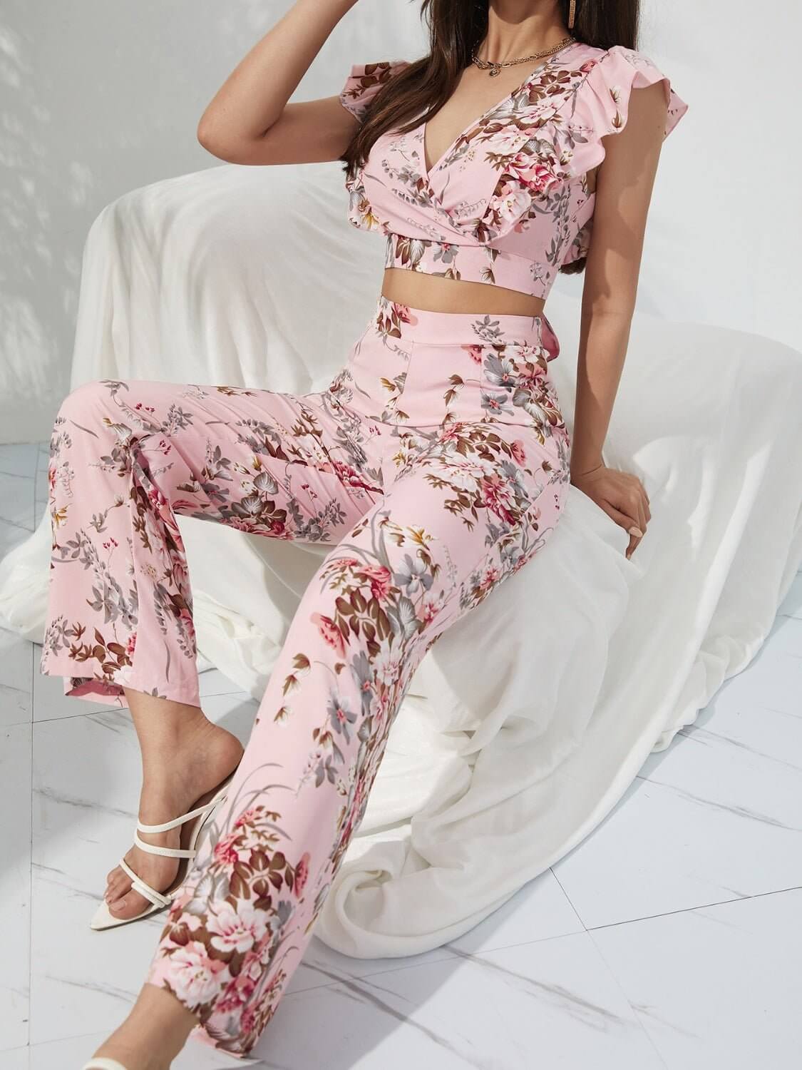 Floral Print Ruffled Pants Set