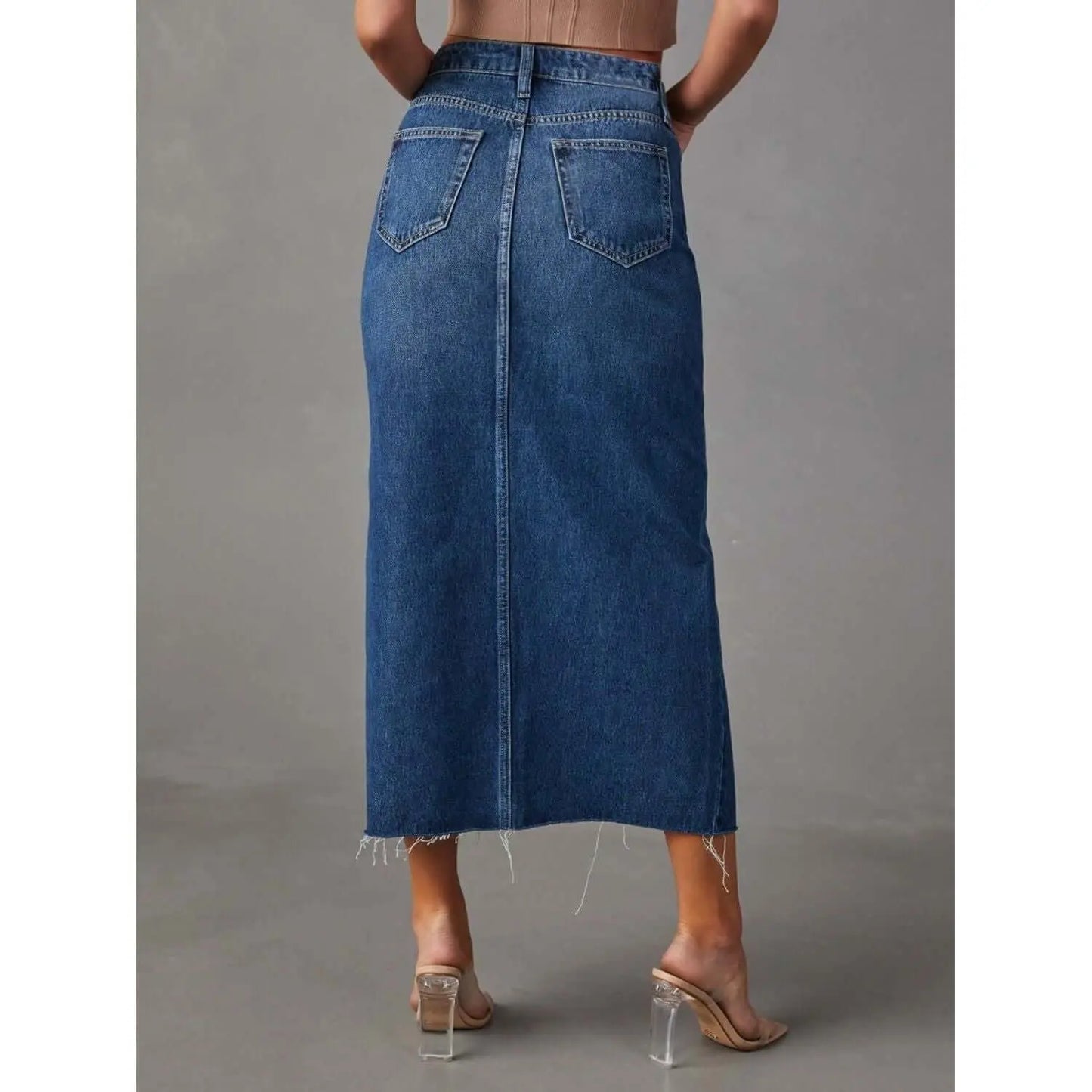 Slit Raw Hem Midi Denim Skirt Taydiane
