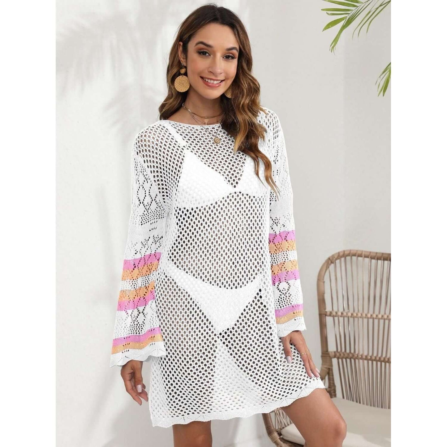Vestido playero de manga larga con contraste calado