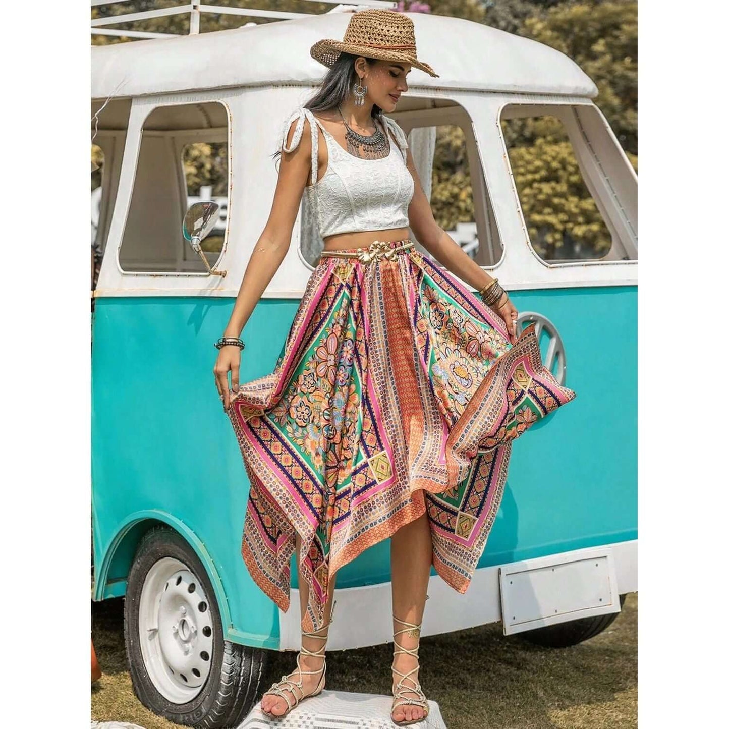 Printed Handkerchief Hem Skirt