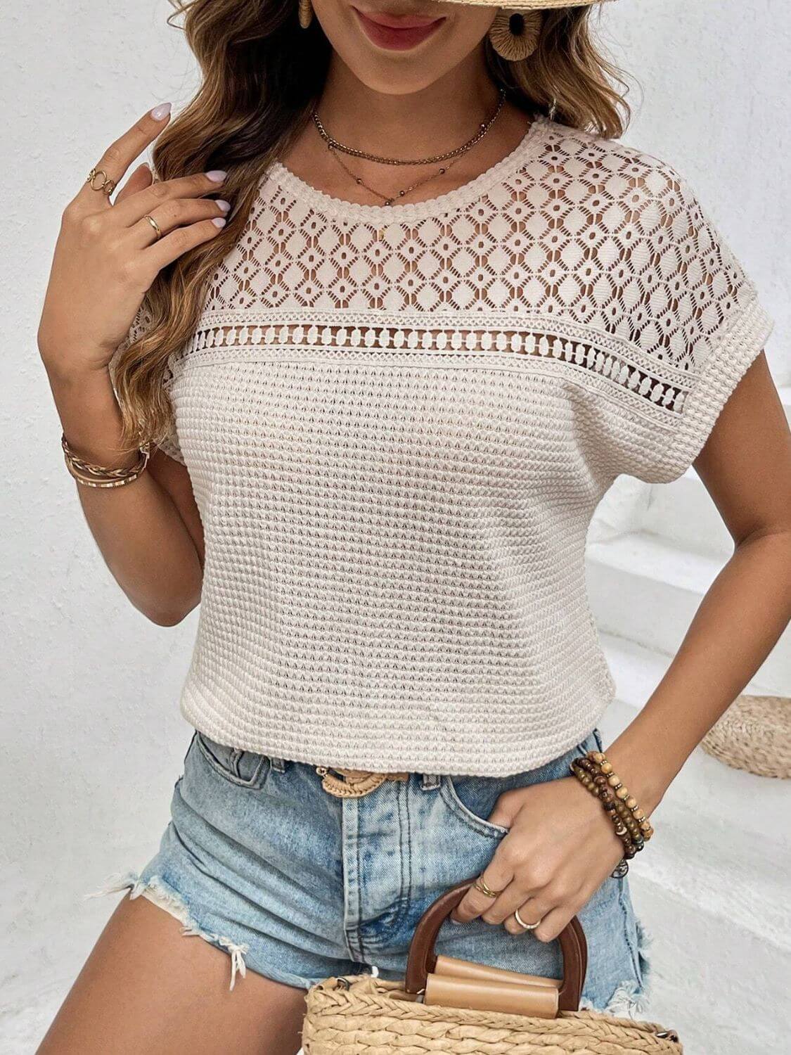 Waffle-Knit Round Neck Top