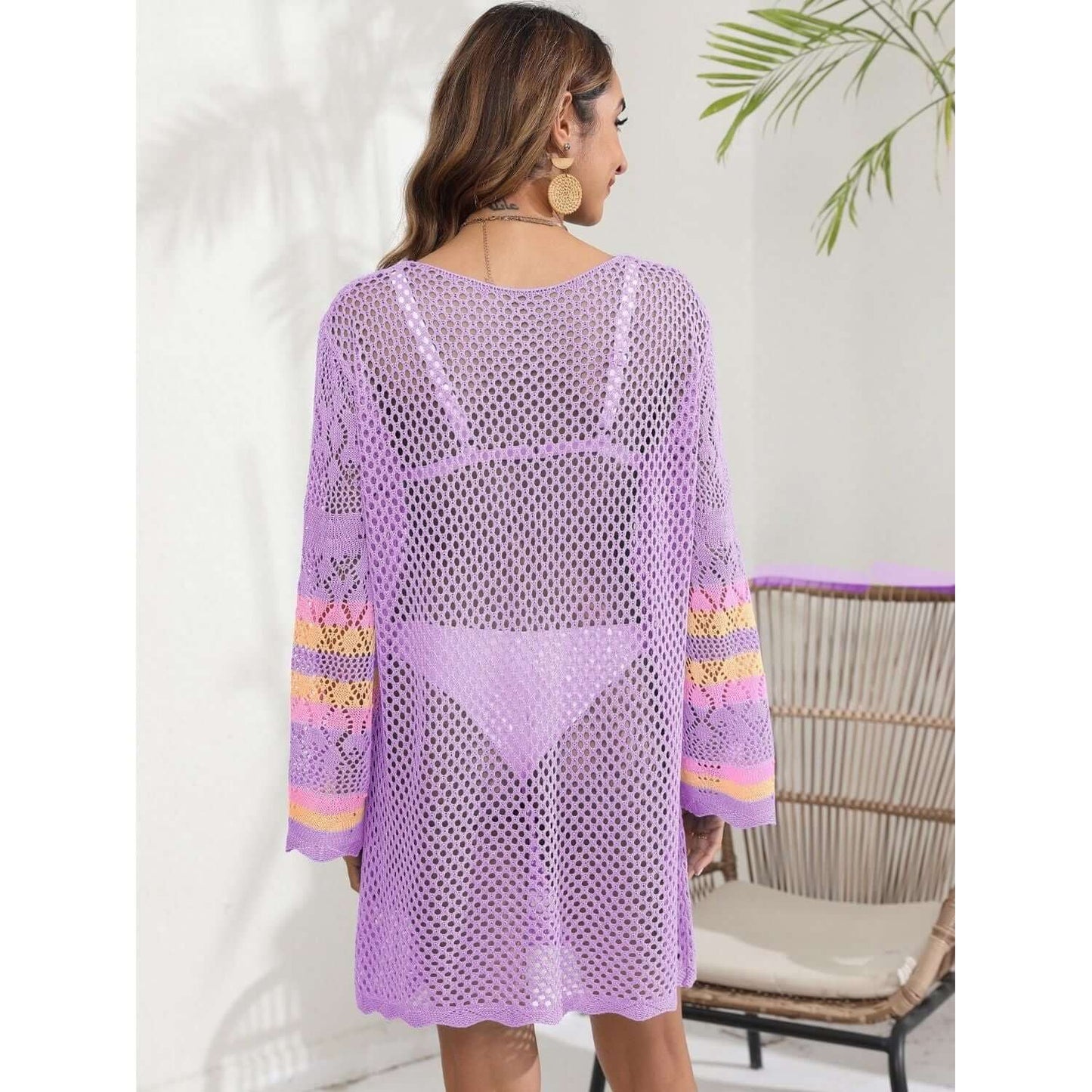 Vestido playero de manga larga con contraste calado
