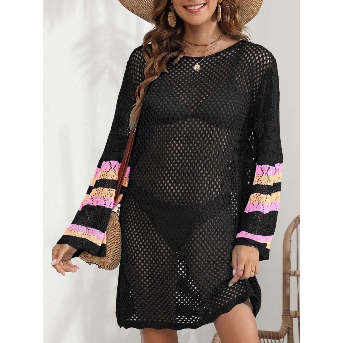 Vestido playero de manga larga con contraste calado