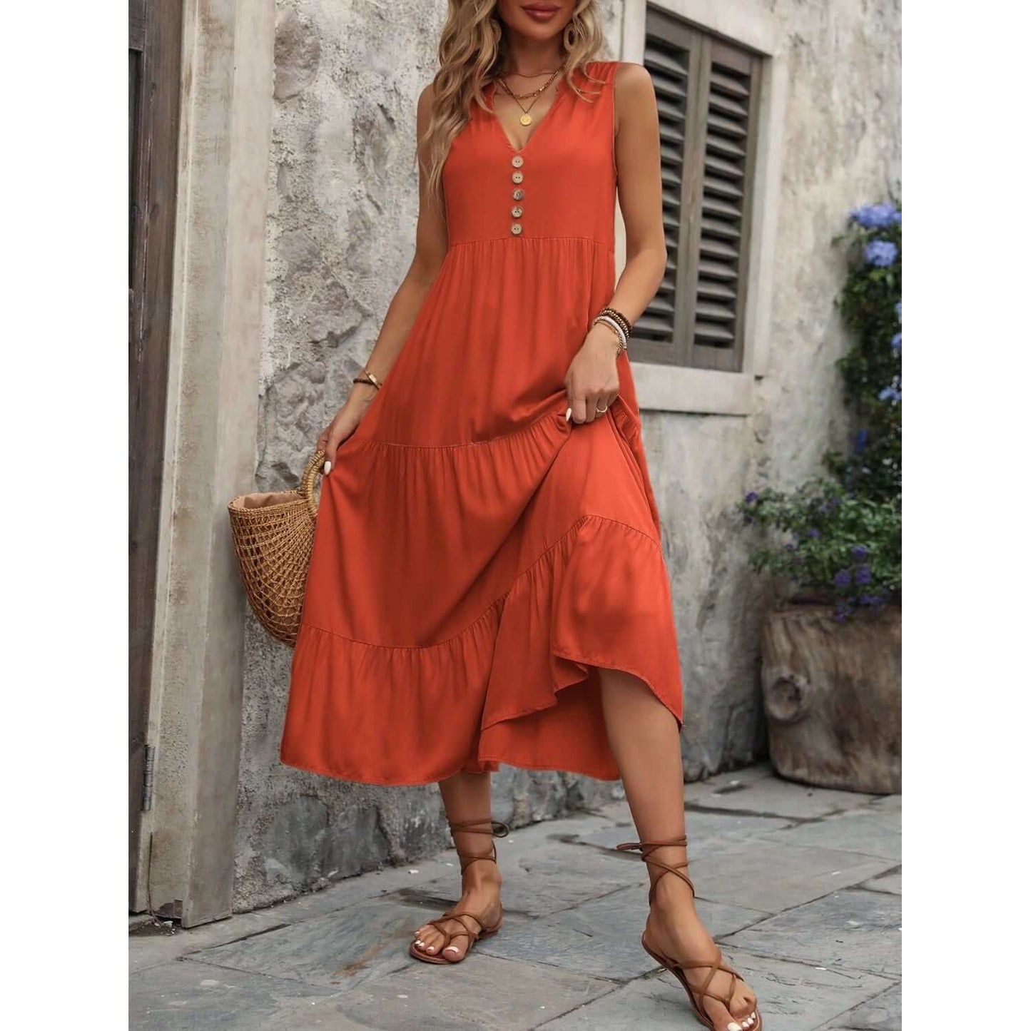 Decorative Button Notched Sleeveless Dress Taydiane