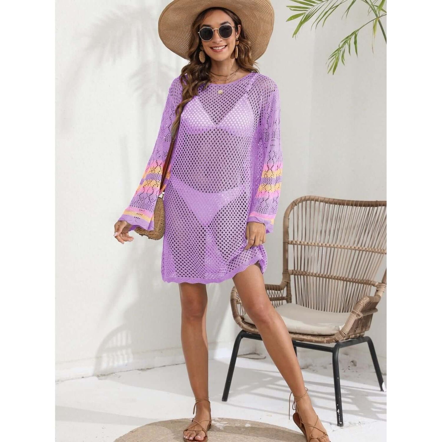 Vestido playero de manga larga con contraste calado