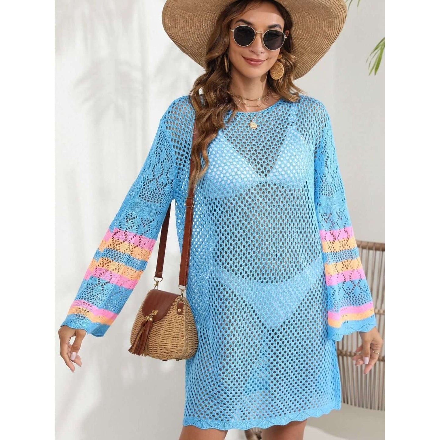 Vestido playero de manga larga con contraste calado
