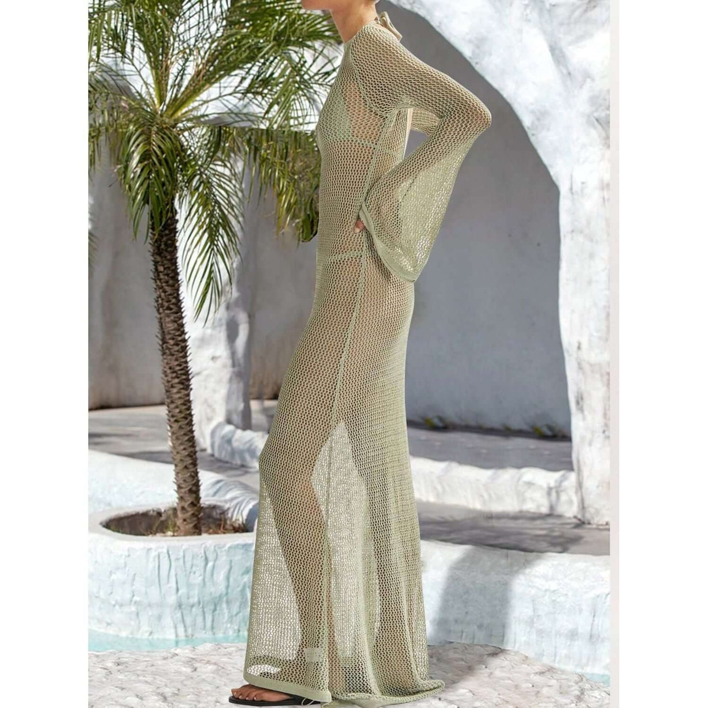 Openwork Backless Flare Sleeve Cover-Up Taydiane