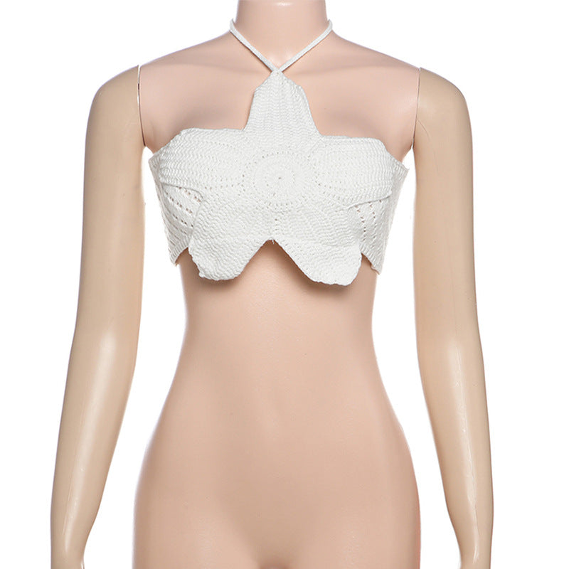 Spring Women Sexy Solid Color Halter Lace up Cutout Knitted Camisole