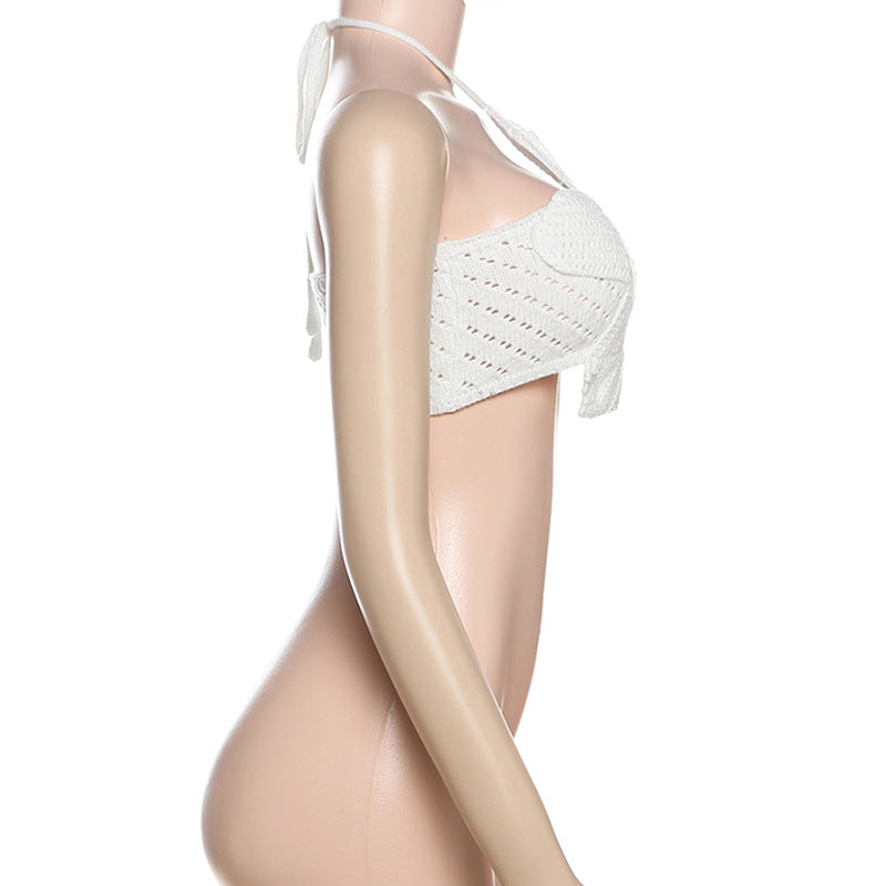 Spring Women Sexy Solid Color Halter Lace up Cutout Knitted Camisole