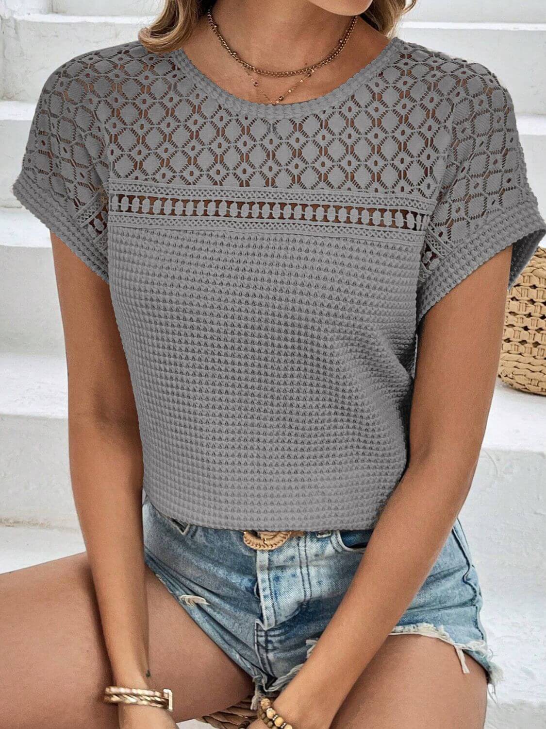 Waffle-Knit Round Neck Top