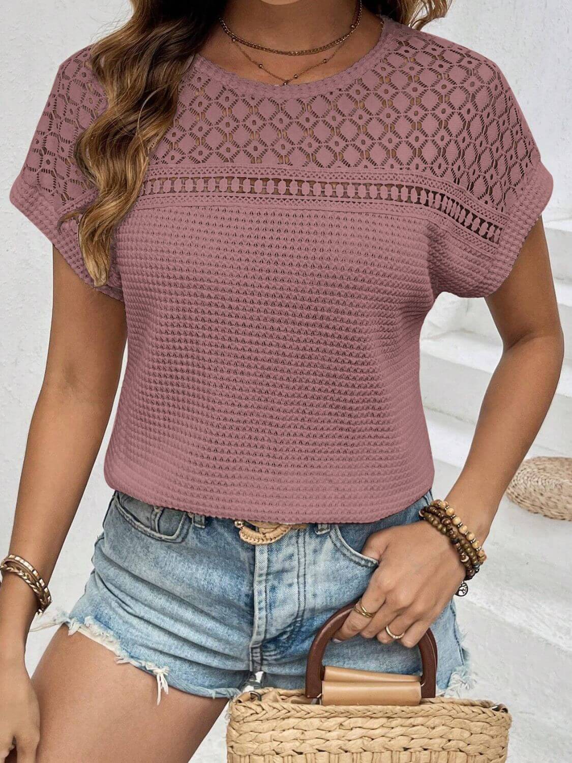 Waffle-Knit Round Neck Top