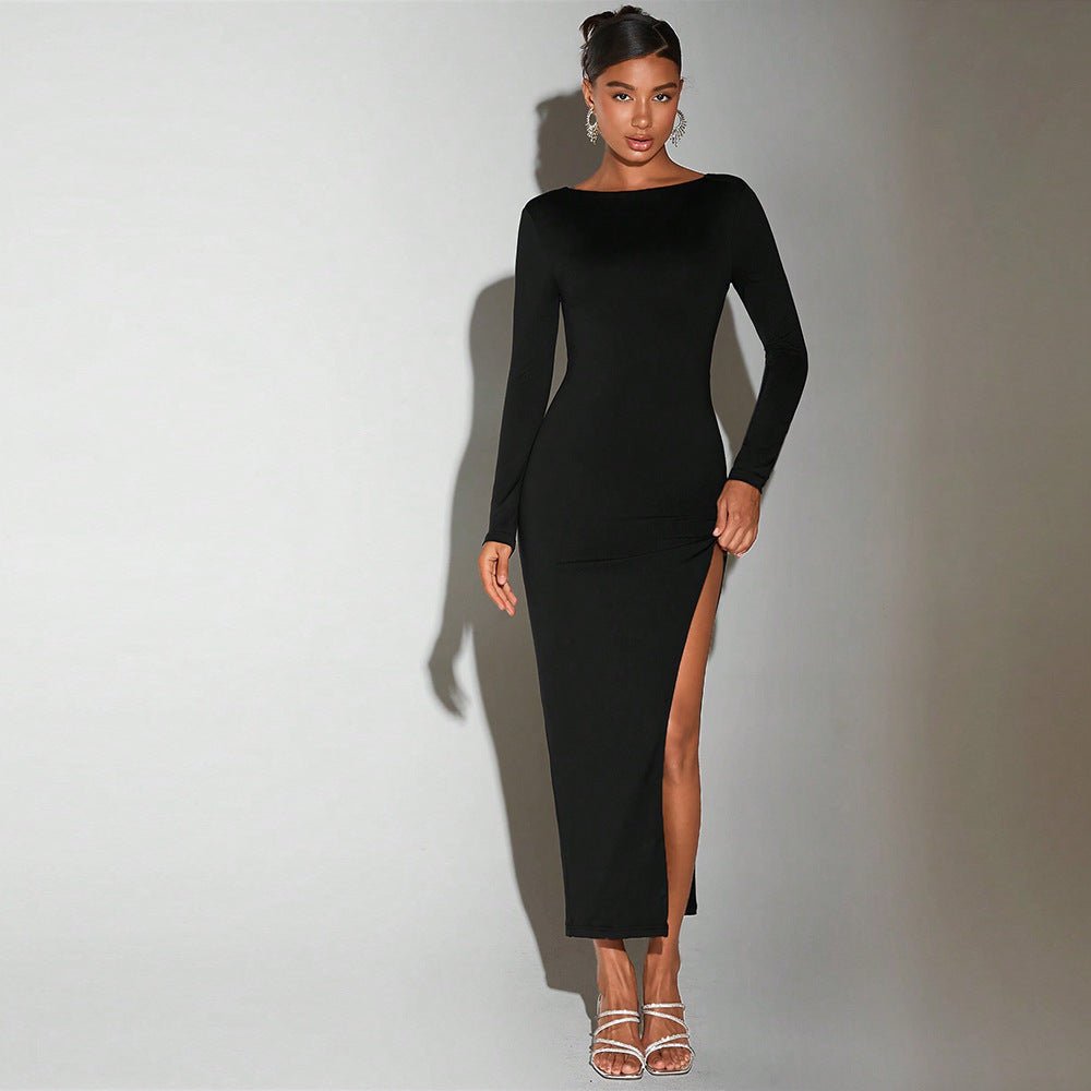 Autumn Sexy Midi Dress with Round Neck and Bare Back Design - TayDiane