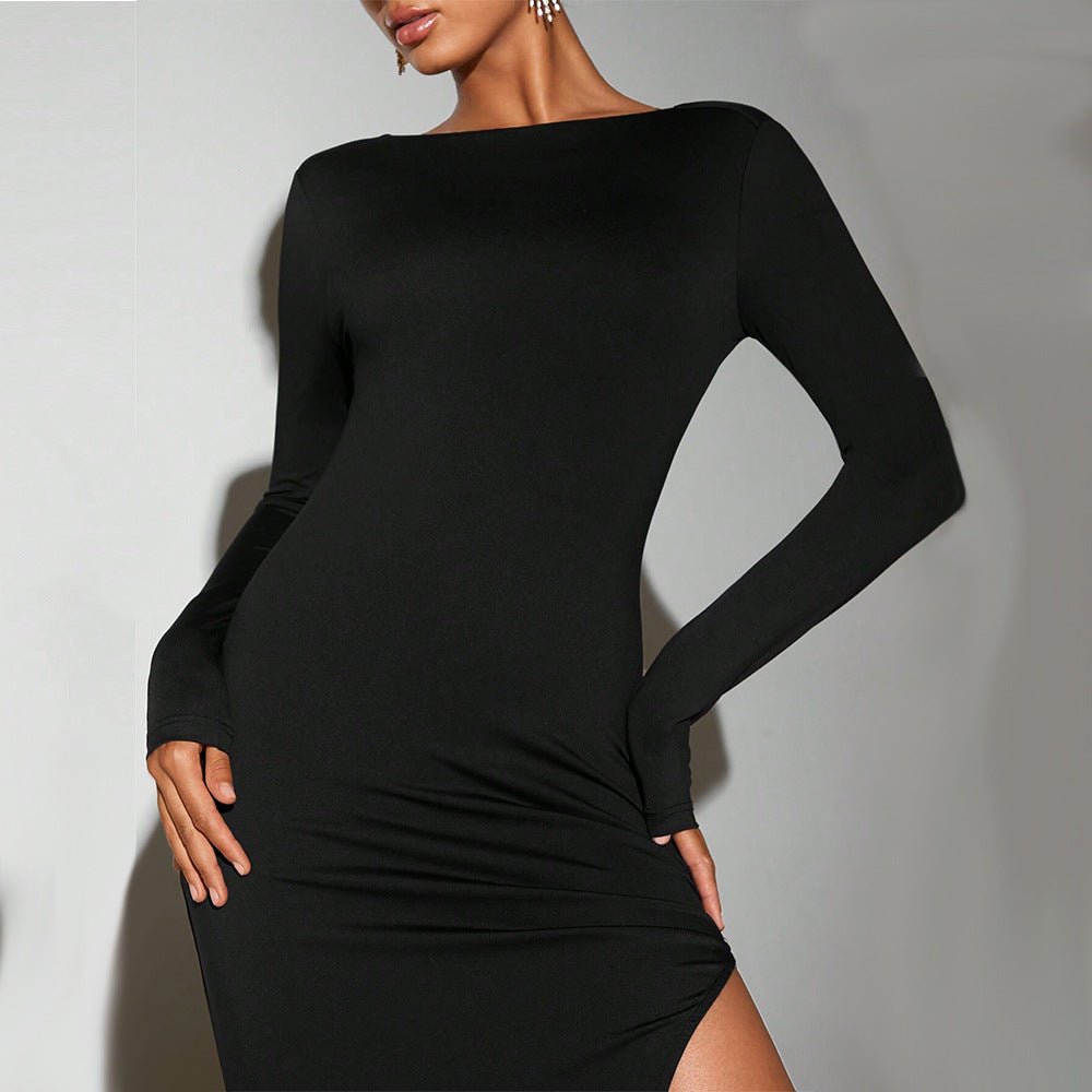 Autumn Sexy Midi Dress with Round Neck and Bare Back Design - TayDiane