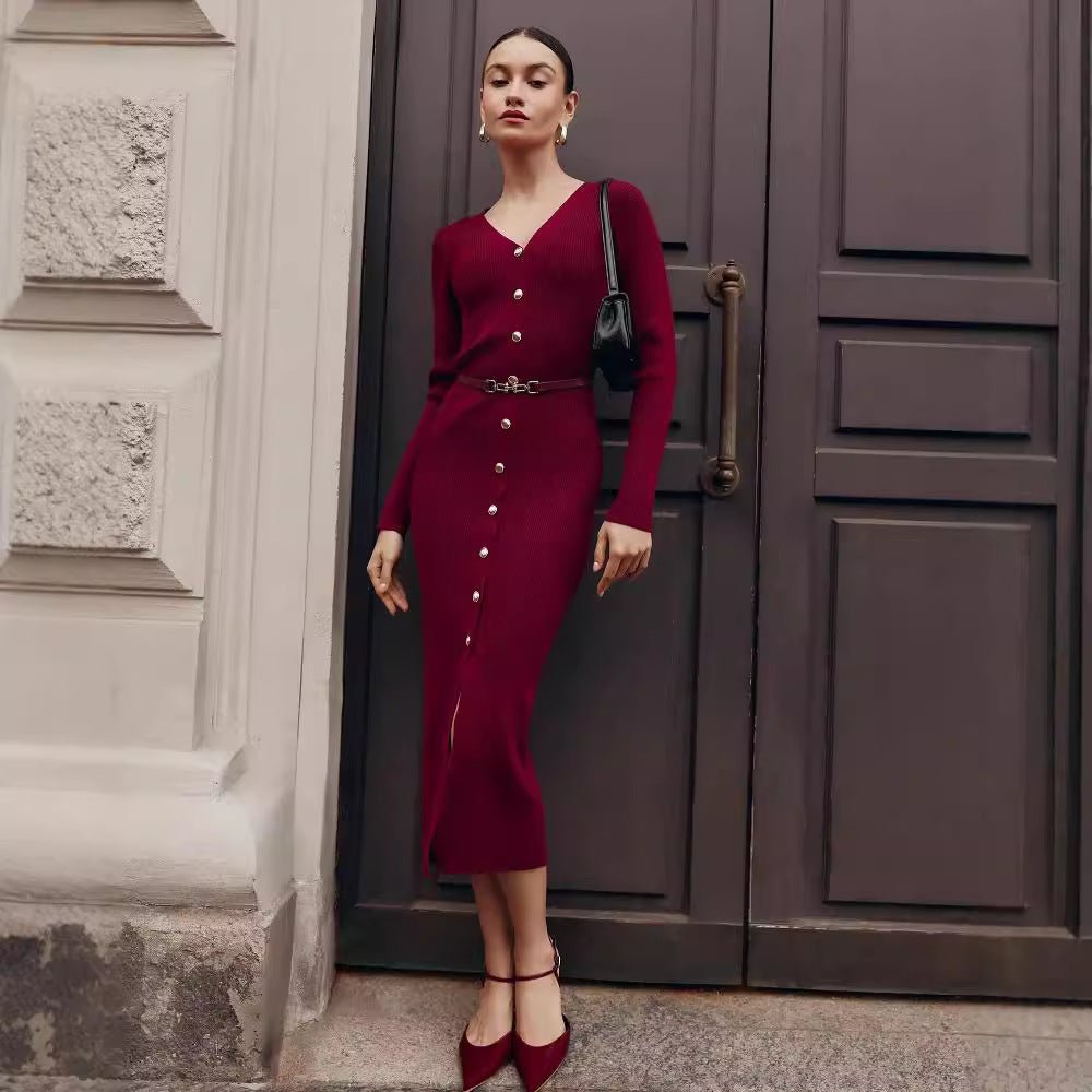 Autumn Winter Long Sleeve Knitted Dress Button Split Russia Hip Wrapped Sweater Cardigan Dress No Belt - TayDiane
