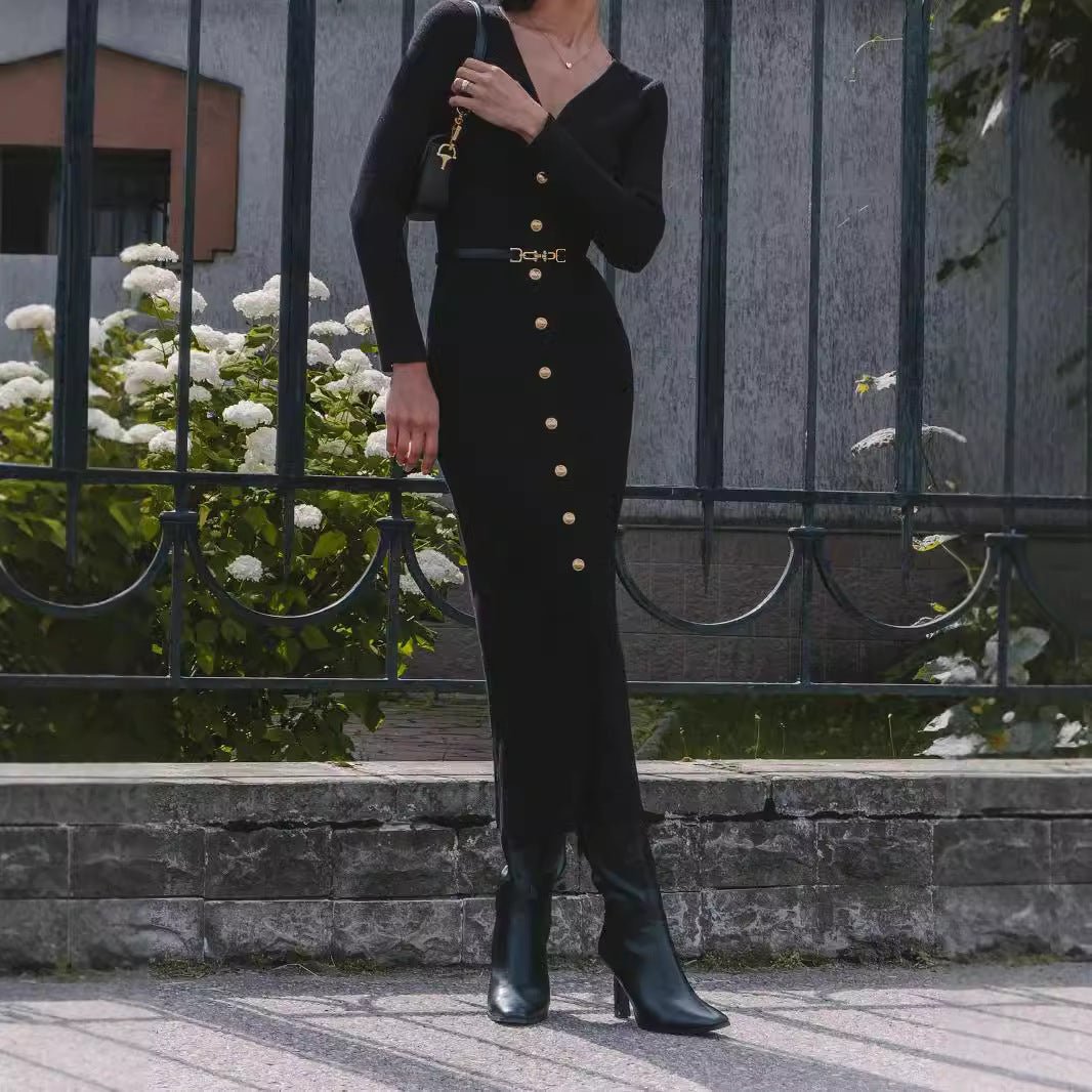 Autumn Winter Long Sleeve Knitted Dress Button Split Russia Hip Wrapped Sweater Cardigan Dress No Belt - TayDiane