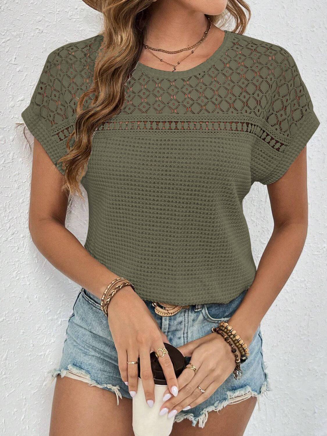 Waffle-Knit Round Neck Top
