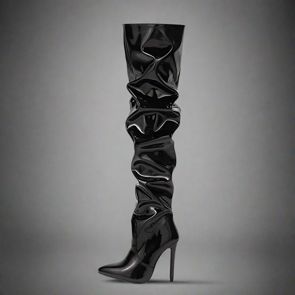 Black Patent Leather Thigh - High Slouch Boots - TayDiane