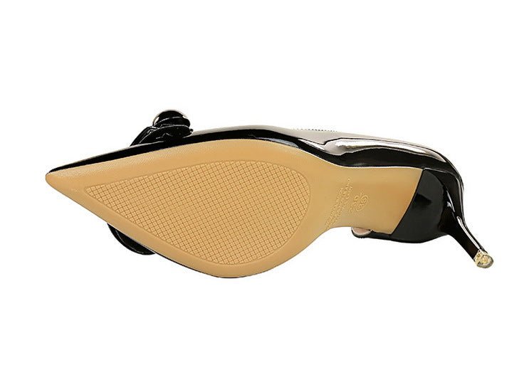 Black Patent Pointed - Toe Heels with Metallic Buckle - TayDiane