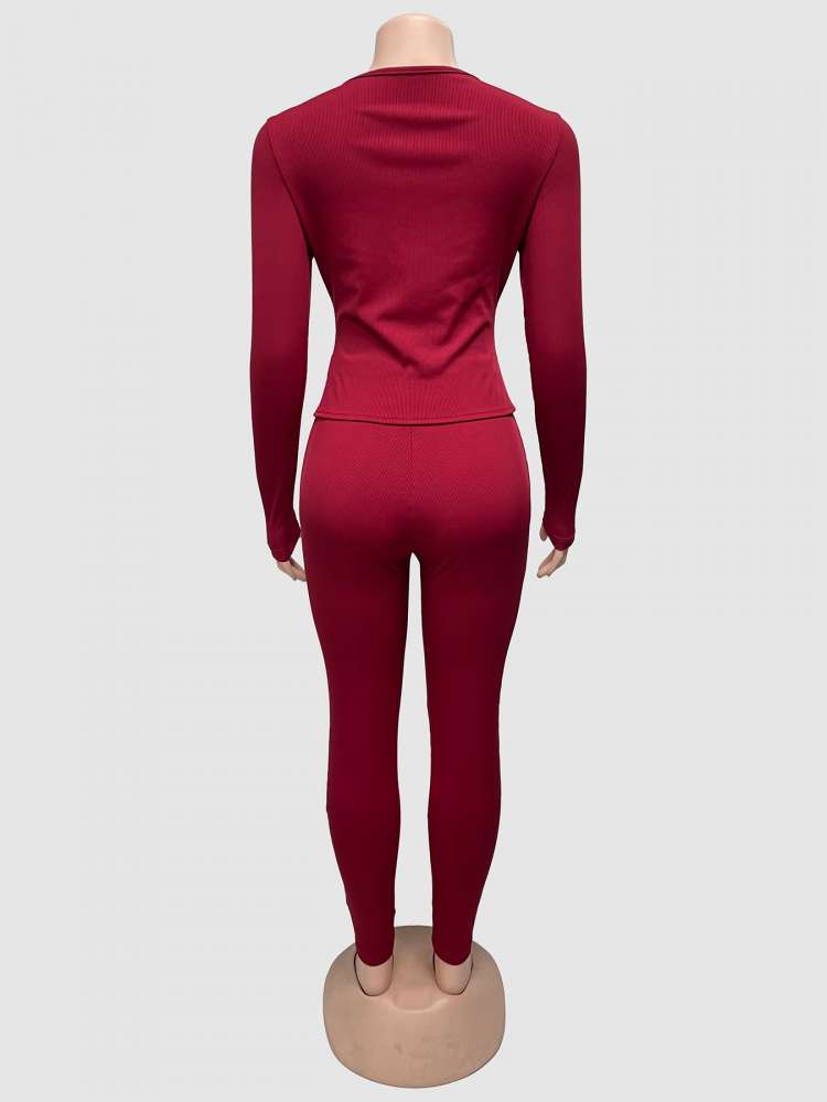 Burgundy Lace - Up Knit Two - Piece Set - TayDiane