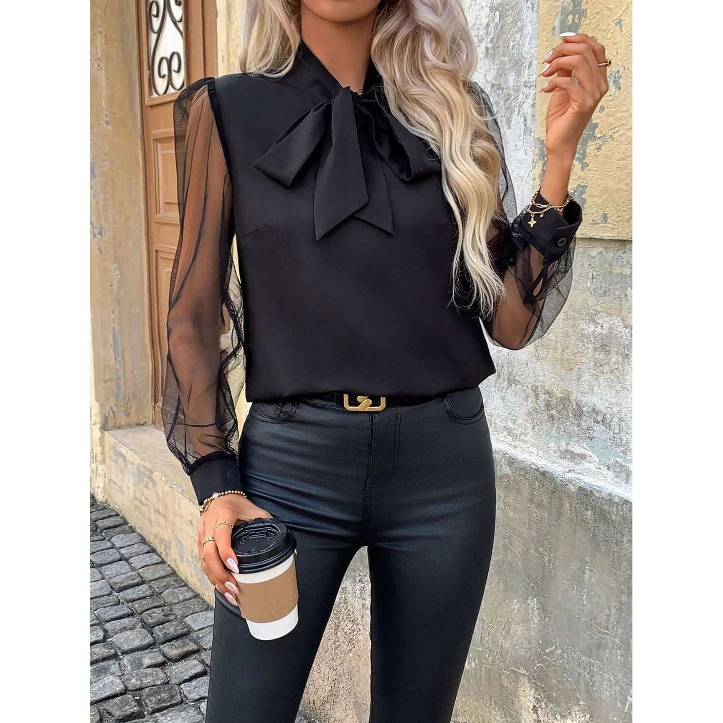Tie Neck Long Sleeve Blouse Taydiane