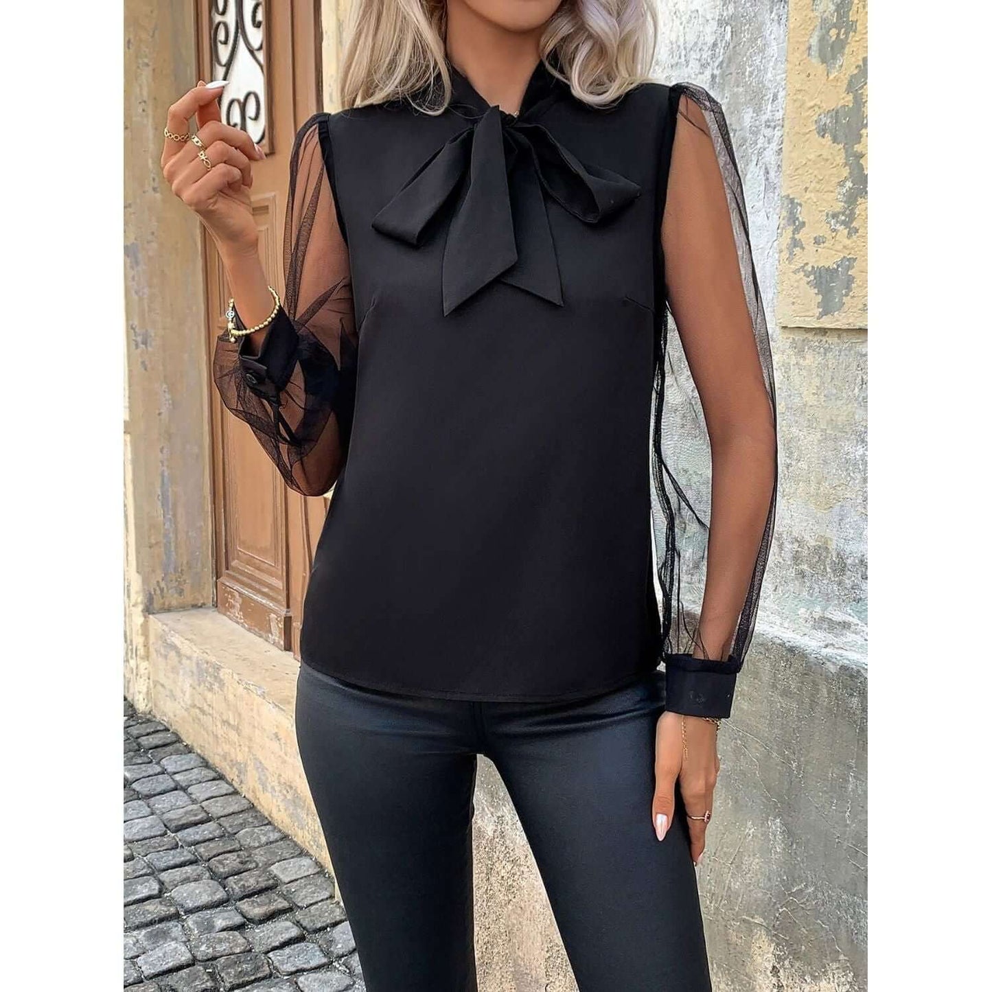 Tie Neck Long Sleeve Blouse Taydiane