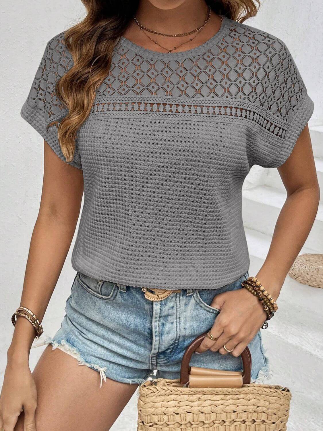 Waffle-Knit Round Neck Top