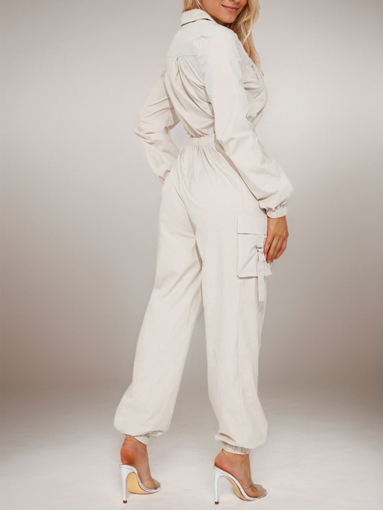 Cargo Jumpsuit with Elastic Waist and Zipper Closure - TayDiane