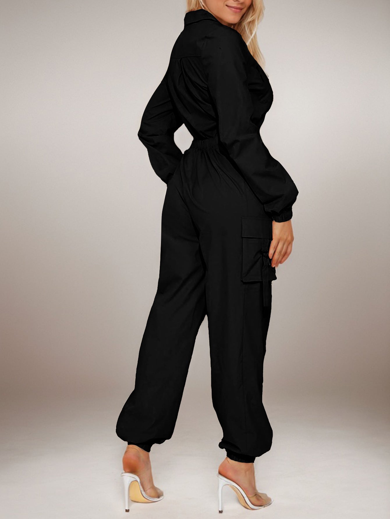 Cargo Jumpsuit with Elastic Waist and Zipper Closure - TayDiane