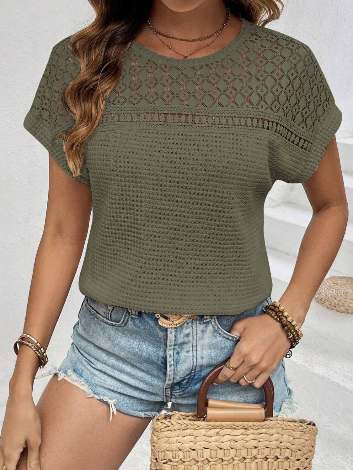 Waffle-Knit Round Neck Top