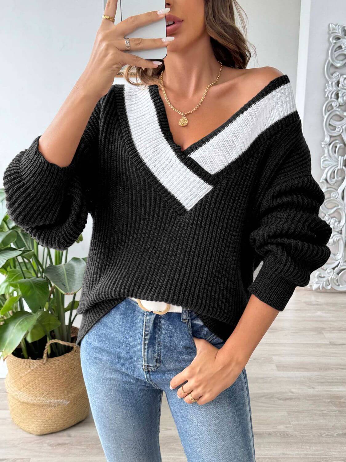 Contrast Dropped Shoulder Long Sleeve Sweater - TayDiane