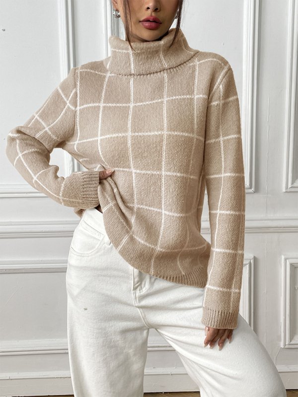 Contrast Plaid Turtleneck Sweater - TayDiane