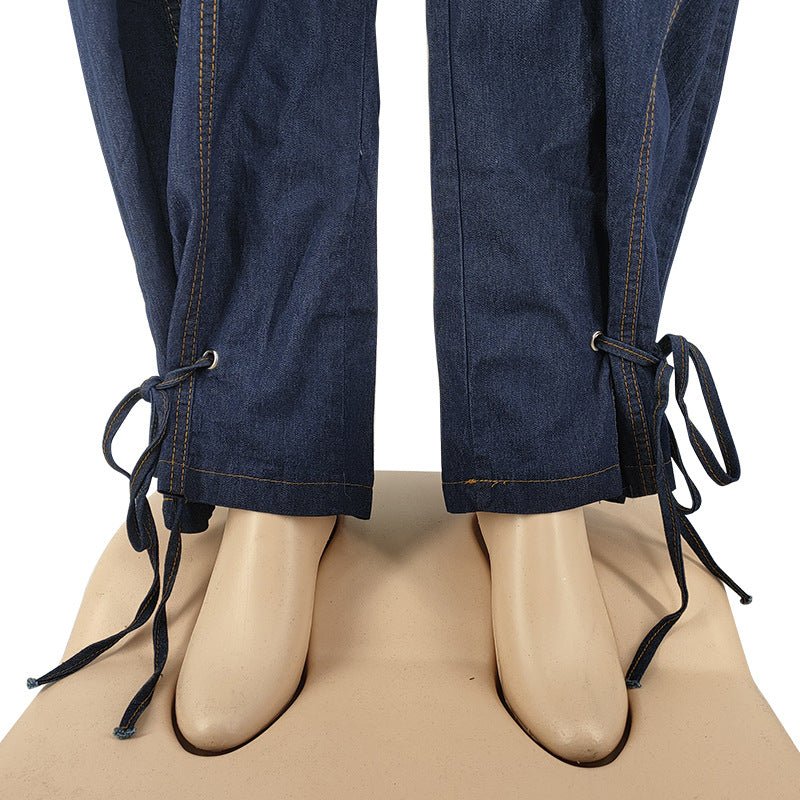 Curvy Autumn Denim Jumpsuit with a Belted Tie - TayDiane