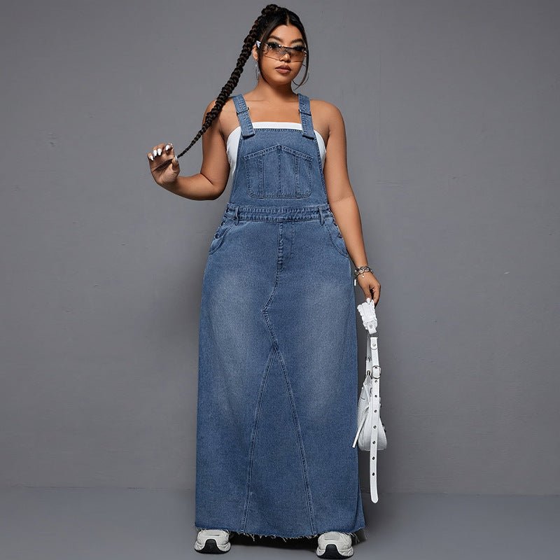 Denim Maxi Dress with Adjustable Suspender Straps - TayDiane