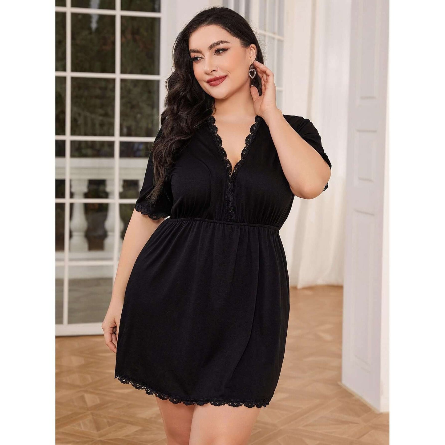 Lace Trim Deep V Night Dress Taydiane