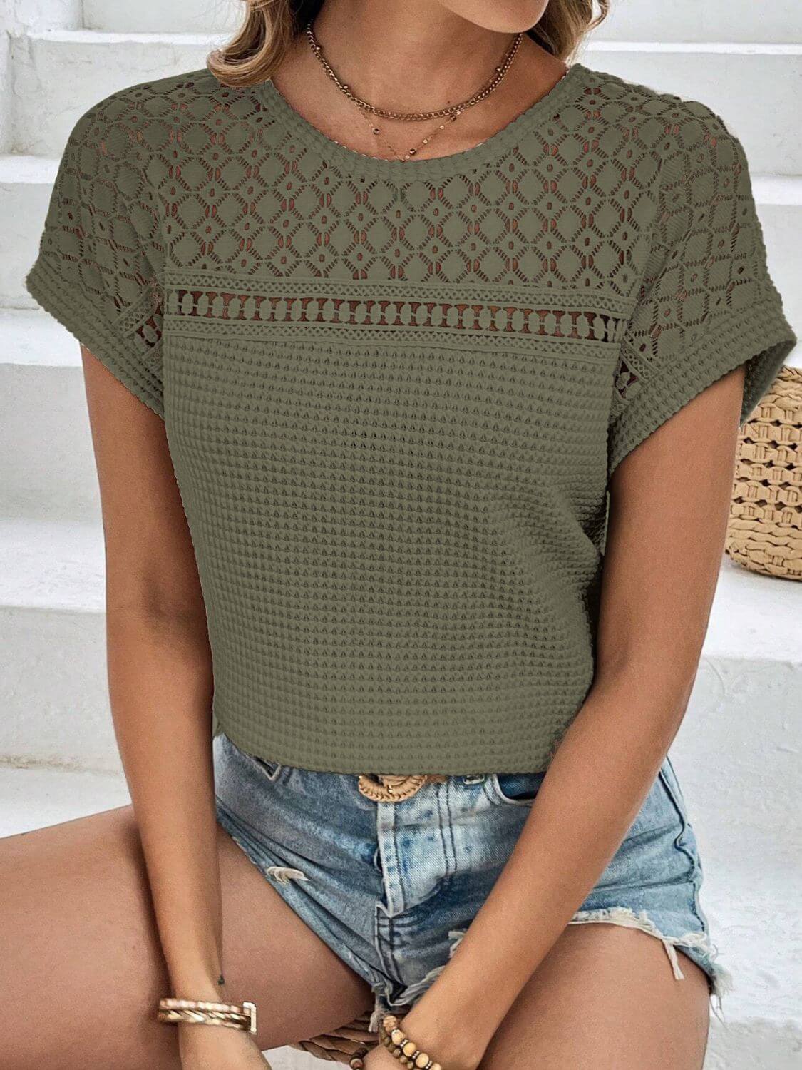 Waffle-Knit Round Neck Top