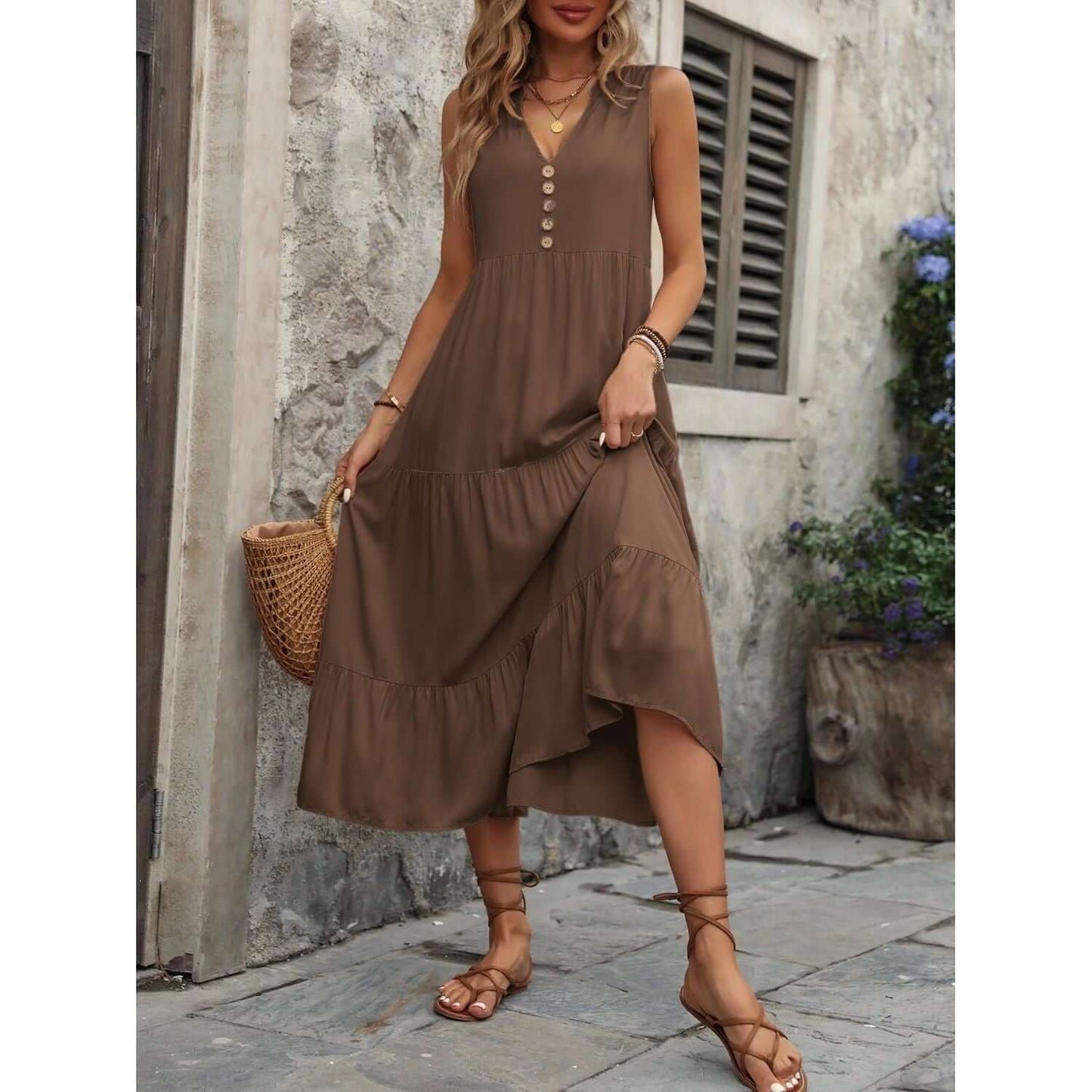 Decorative Button Notched Sleeveless Dress Taydiane