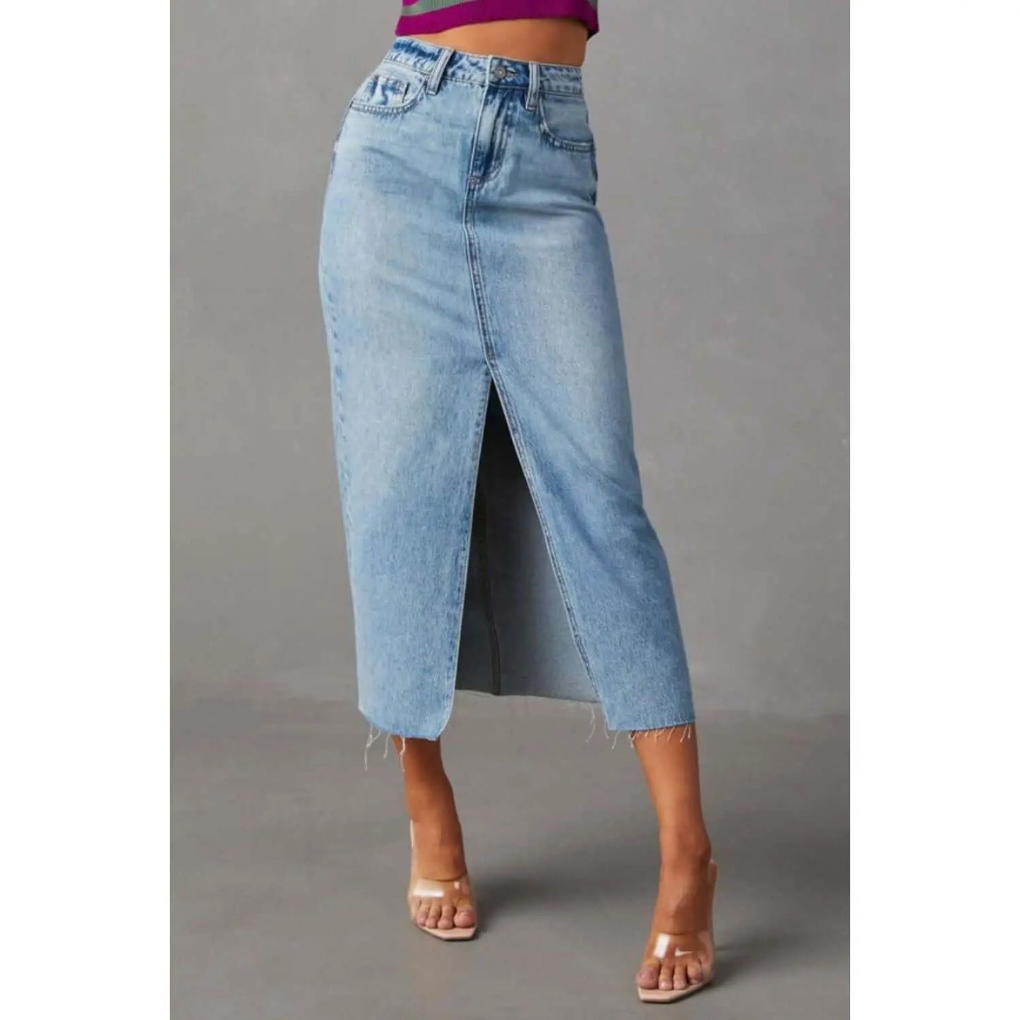 Slit Raw Hem Midi Denim Skirt Taydiane