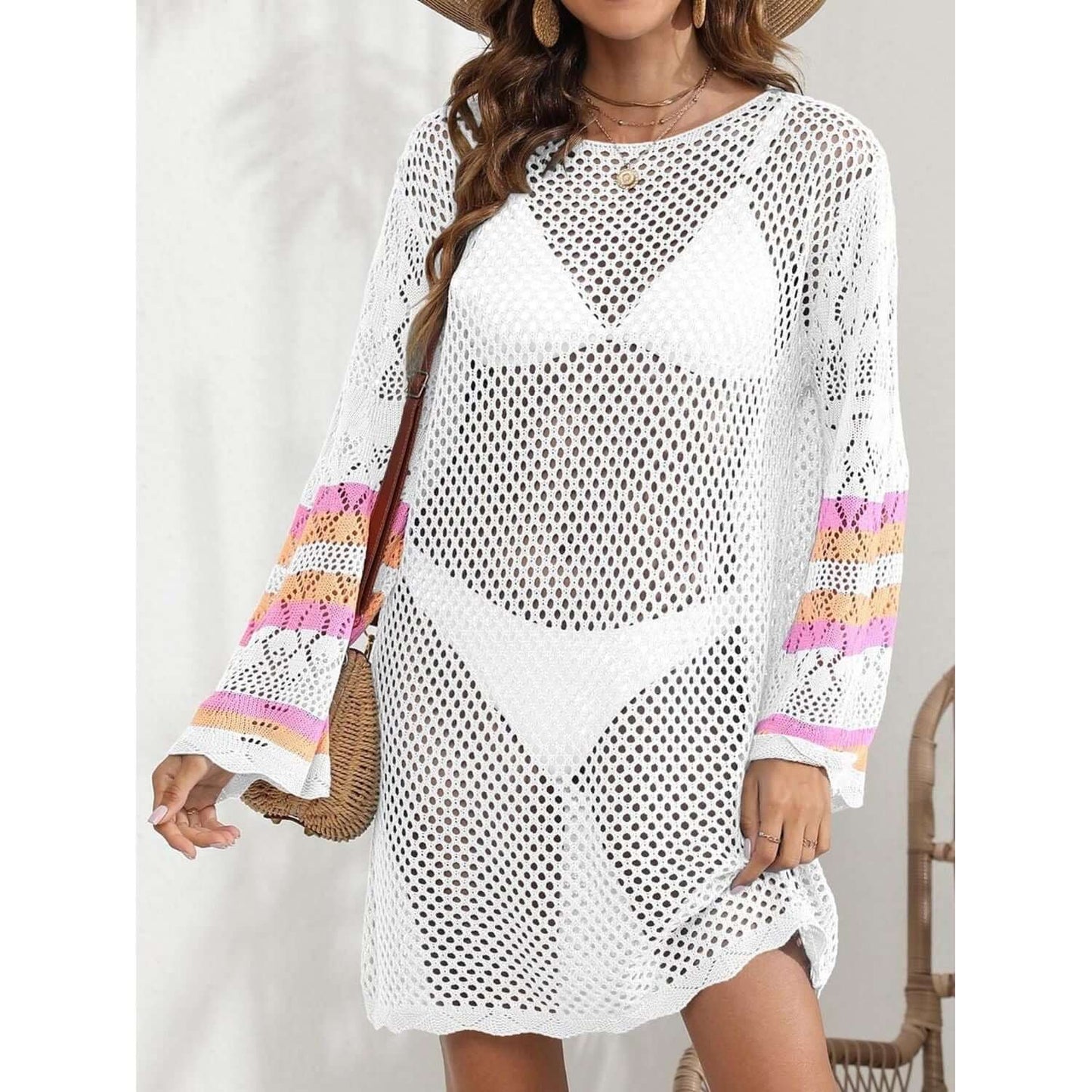 Vestido playero de manga larga con contraste calado