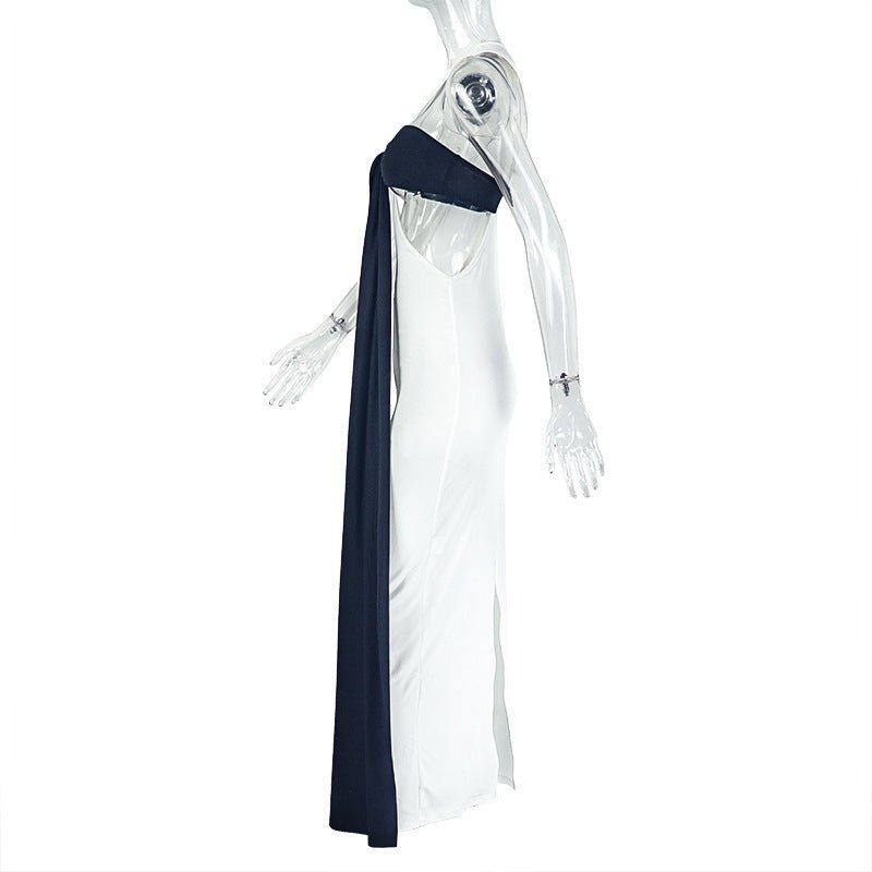 Elegant Tie Black & White Maxi Dress - TayDiane