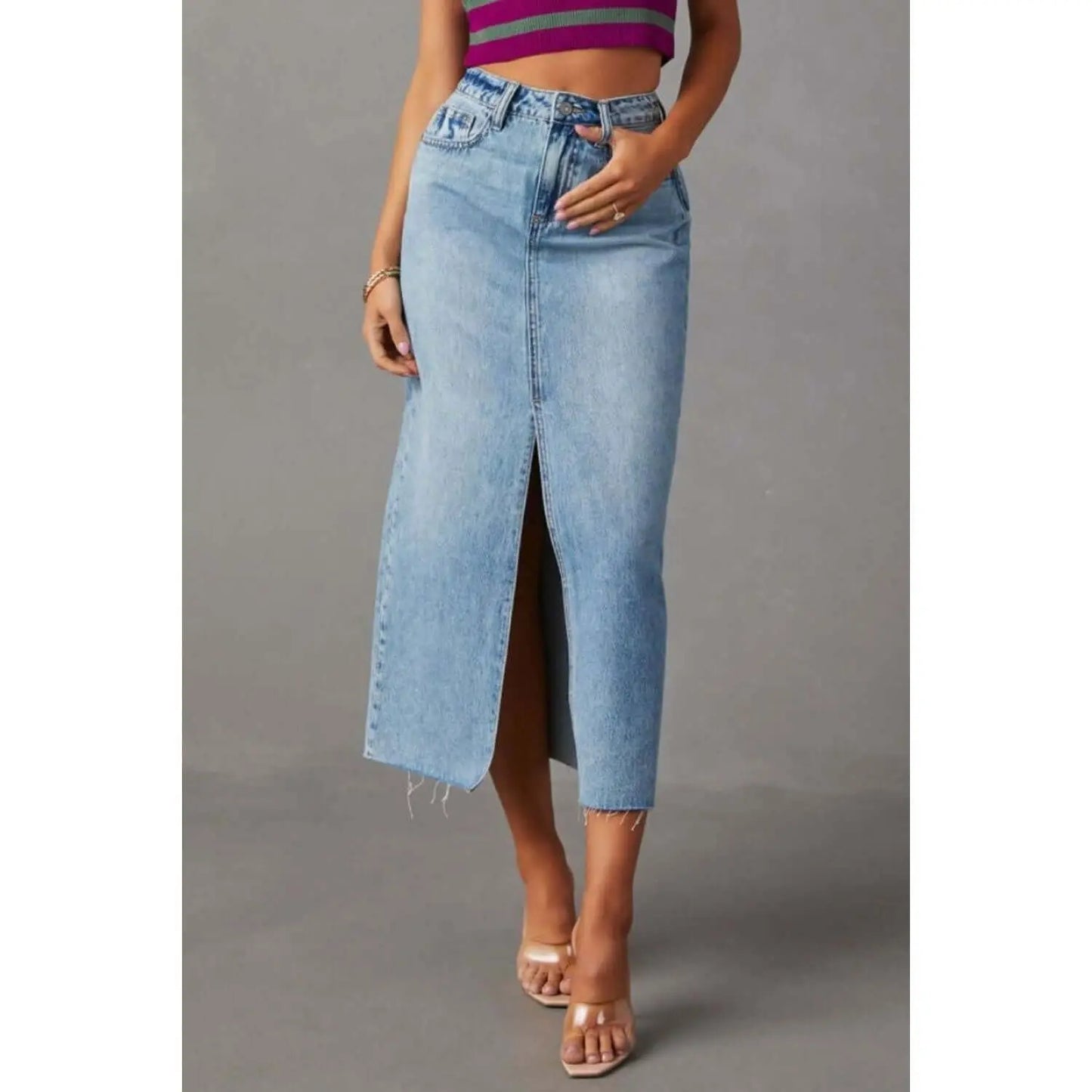 Slit Raw Hem Midi Denim Skirt Taydiane