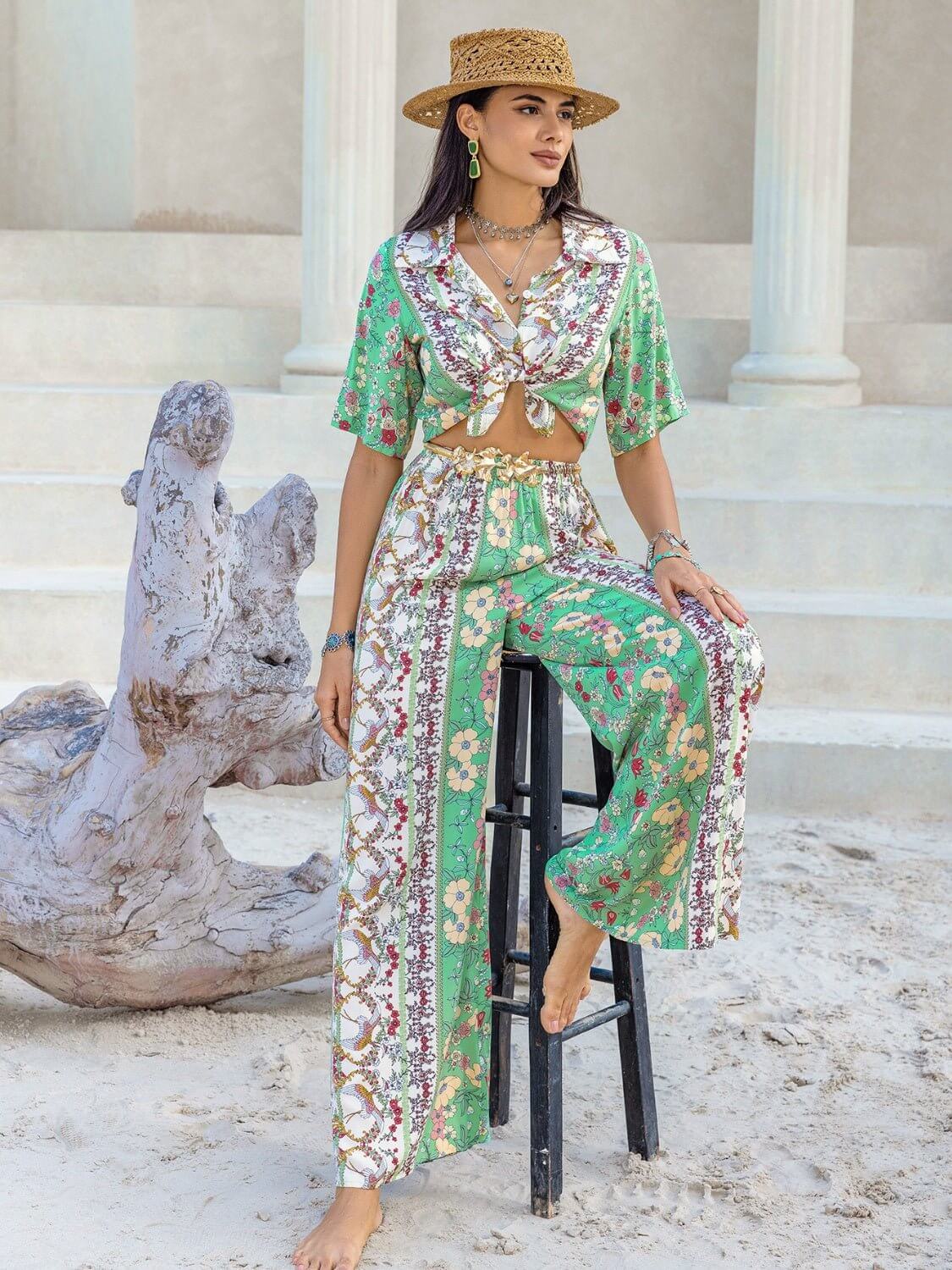Floral Print Half Sleeve Top and Wide Leg Pants Set - TayDiane