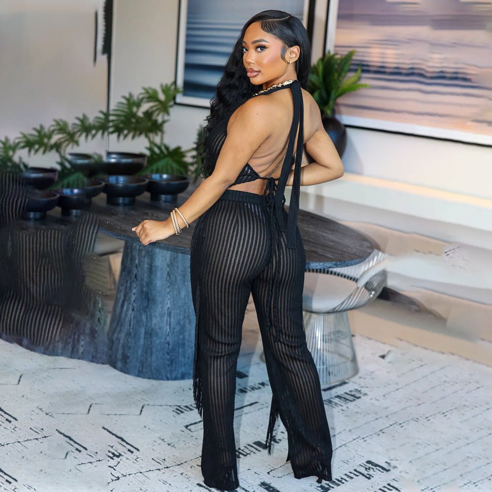 Halter Top & Slim Fitting Loose Fringe Pants - TayDiane